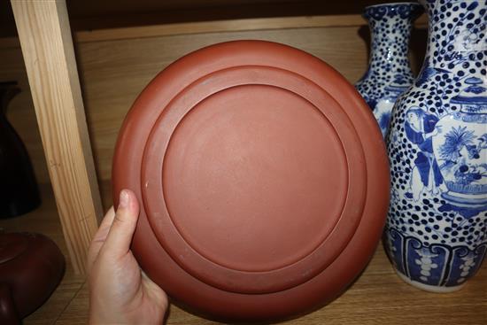 A Yixing pottery covered bowl and stand and a similar teapot